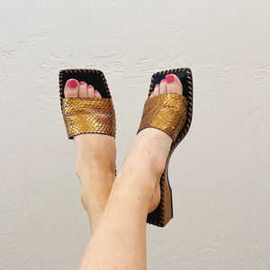 Vintage Designer Bruno Magli Gold Leather Wedge Sandals